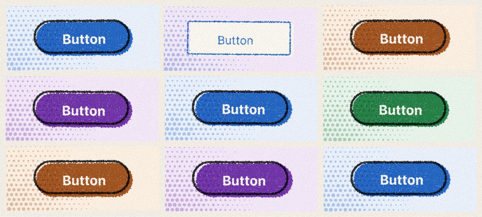 Illustration: a grid of buttons in a hand-printed style. Eight are filled pill-shaped buttons. One has drifted into a plain outlined rectangle.