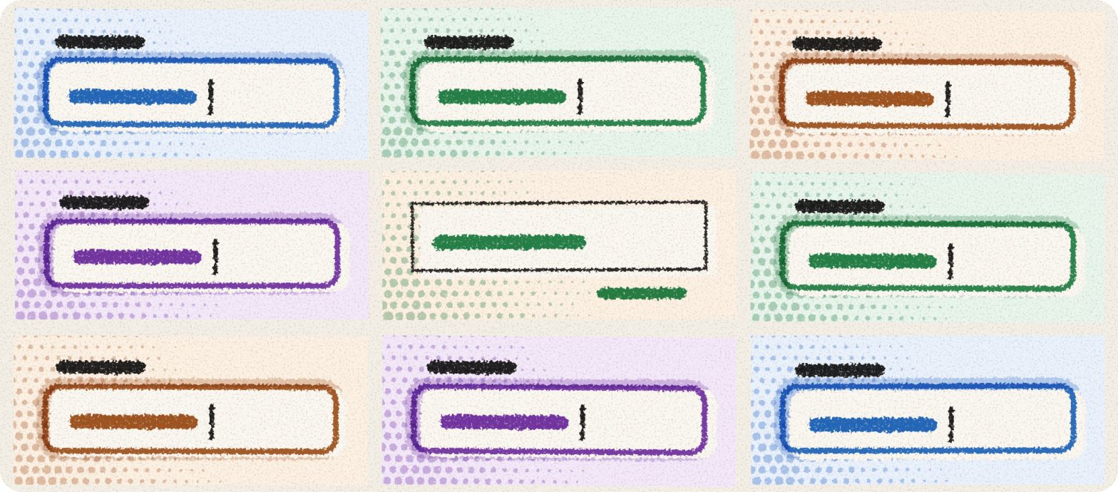 Illustration: a grid of text input fields in a hand-printed style. Eight share the same rounded shape and label. One has drifted into a square box with no label.