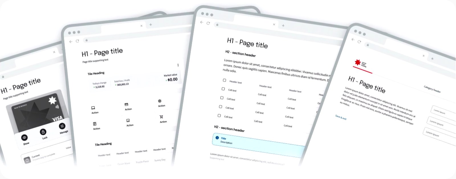 Elevate design system pages shown across tablet screens, including page titles, tables, and forms