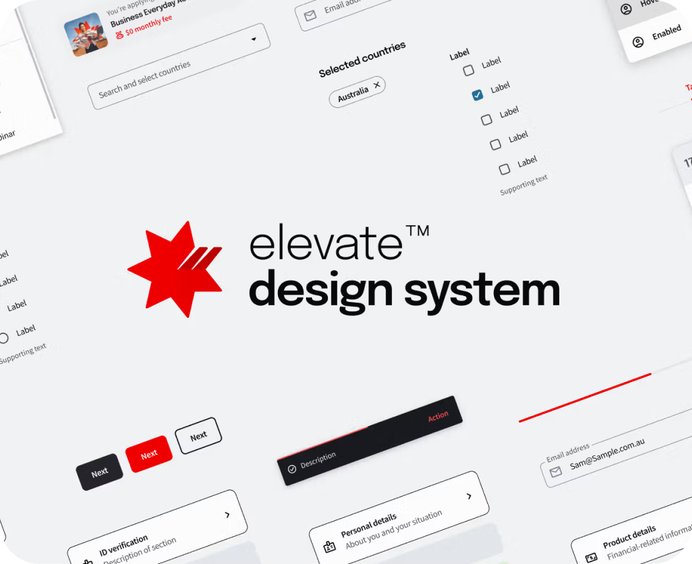 Screenshot of the Elevate design system home screen, showing navigation and a solve once, deliver everywhere message
