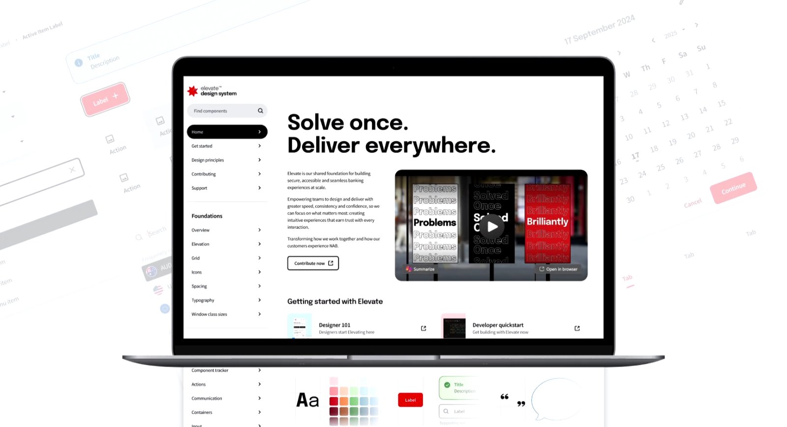 Laptop showing the Elevate design system home page, reading Solve once. Deliver everywhere.