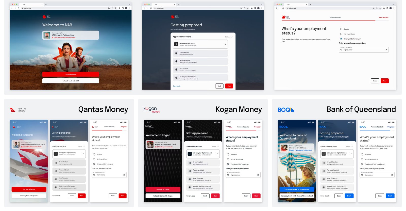 Screenshots of the NAB banking flow rolled out across Qantas Money, Kogan Money, and Bank of Queensland using shared Elevate components
