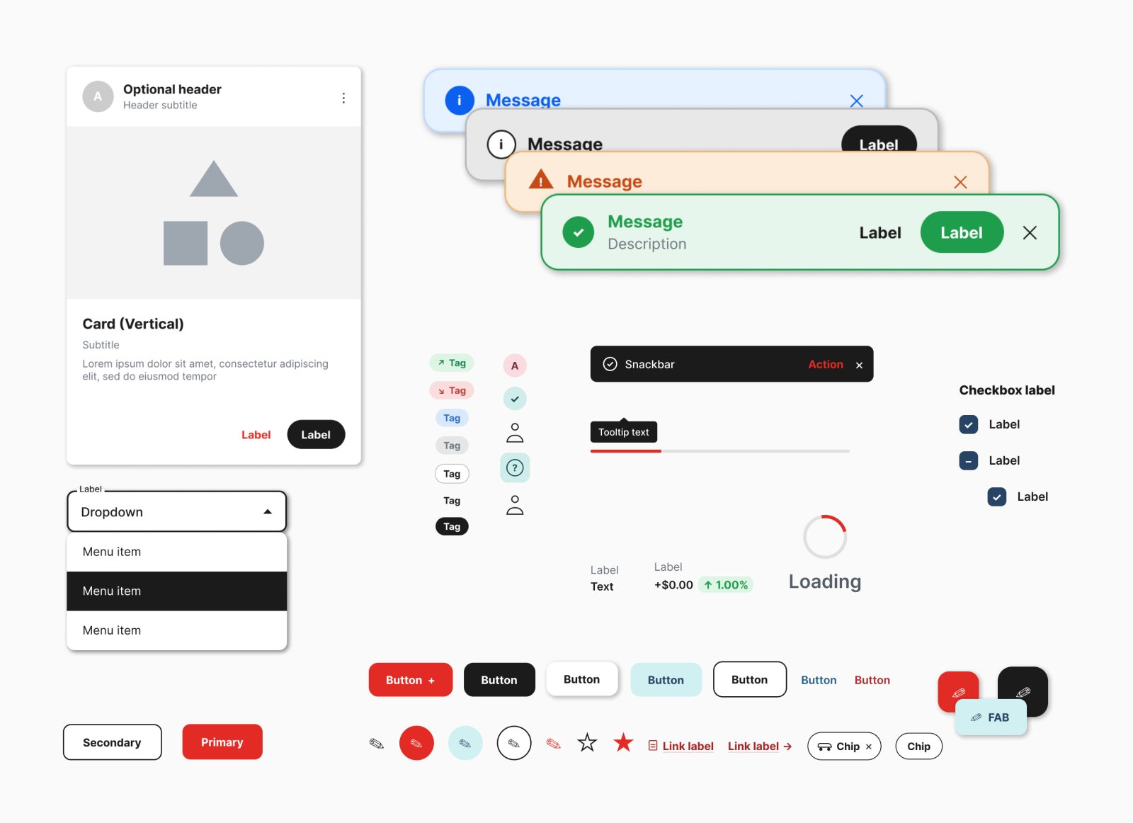 Elevate design system component library screenshot, showing cards, buttons, tags, dropdowns, and other UI components