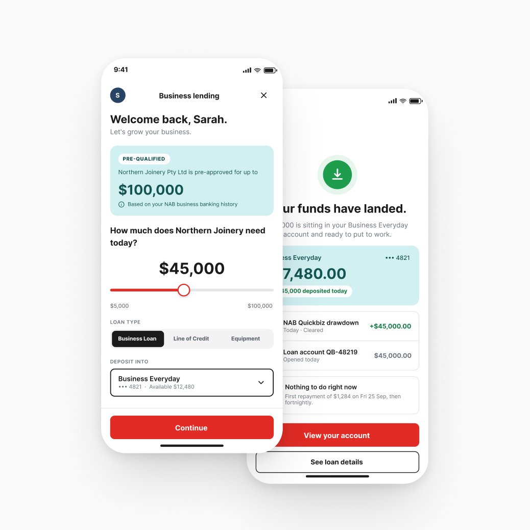 Two phone screens: the NAB Quickbiz pre-qualified loan offer with the amount slider, and the funds landed confirmation