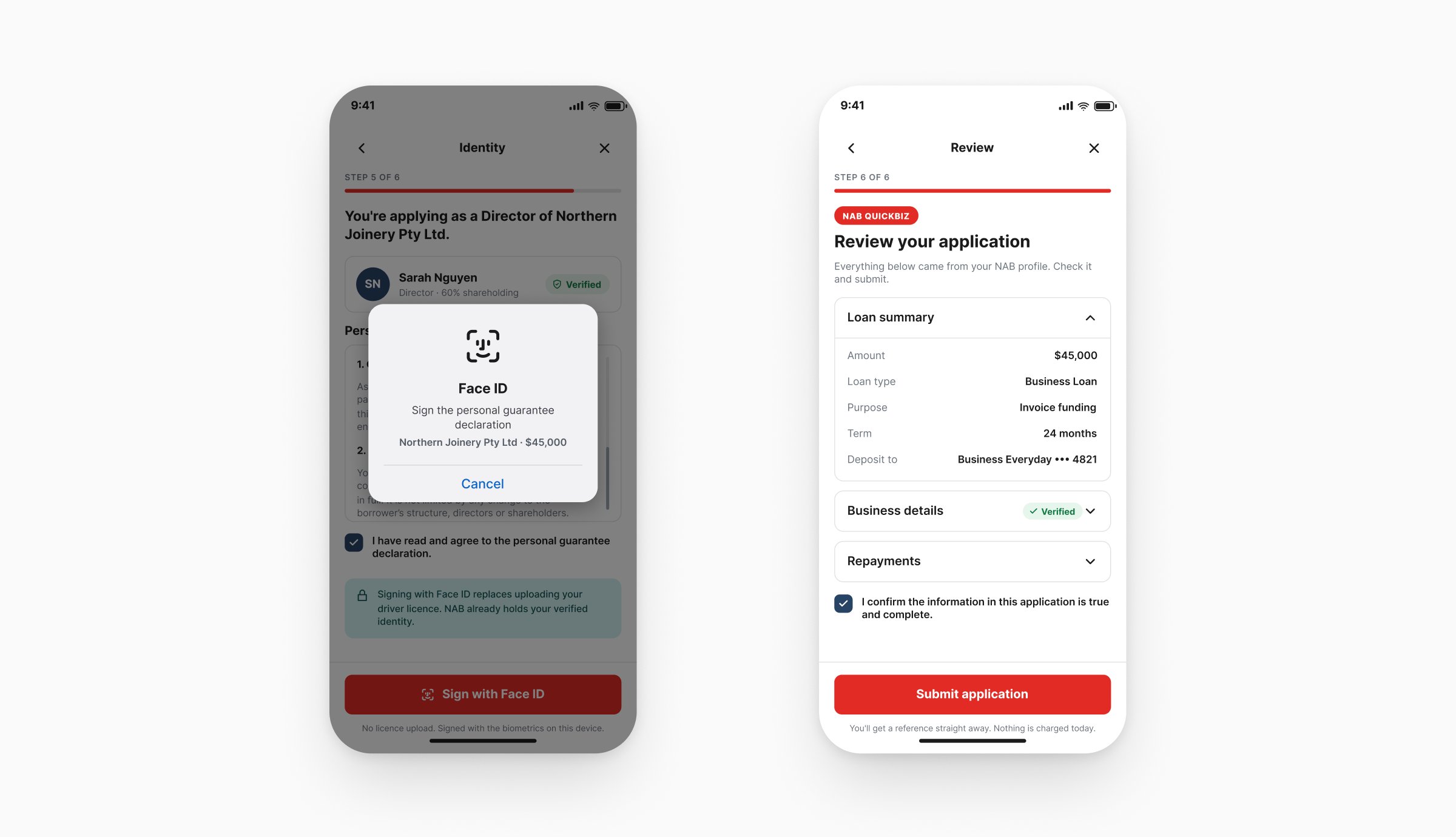 Two phone screens side by side: a Face ID signing prompt for the personal guarantee, and the final NAB Quickbiz application review and submit screen
