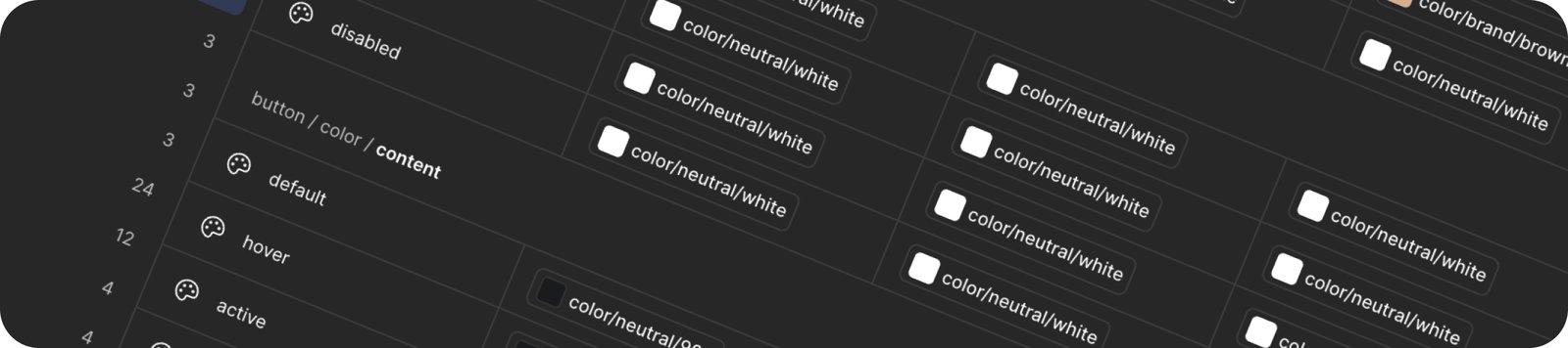 Dark-mode screenshot of a design token and component states audit panel