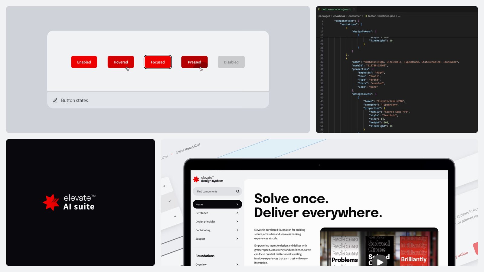 Collage of the Elevate AI suite brand mark, a code snippet, and the Elevate design system home screen